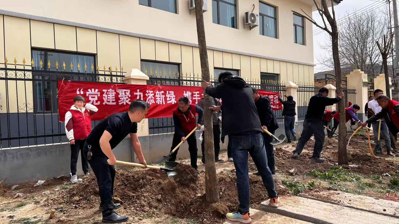 图为省残联各支部党员与群科镇党委党员共同植树场景