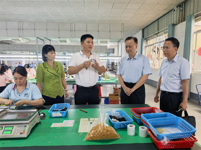 图为调研组在扶绥县阳光助残就业基地扶绥浩伟电子有限公司调研残疾人就业工作