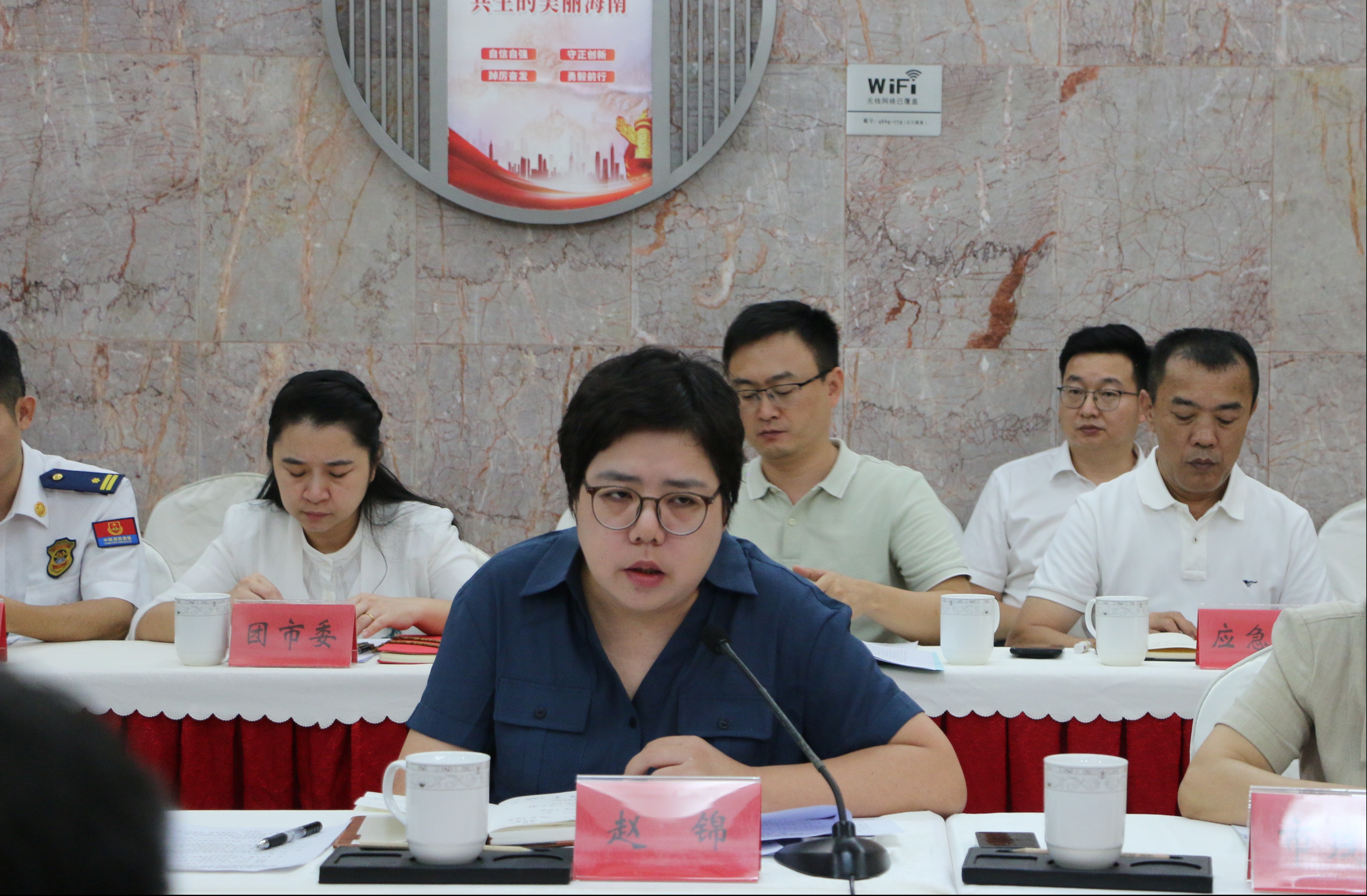 图为琼海市副市长、组委会副主任兼执行主任赵锦主持会议并作汇报