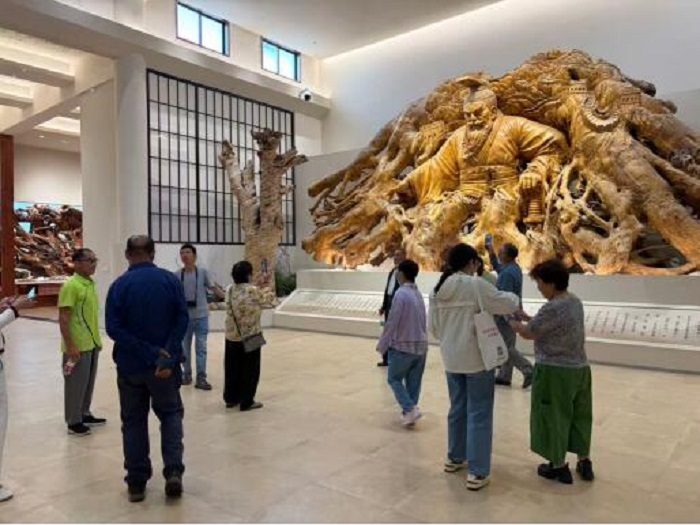 图为残疾人朋友在观赏根雕艺术.jpg 图为残疾人朋友在观赏根雕艺术.jpg